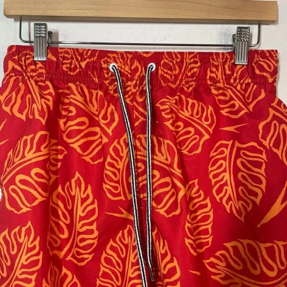 Speedo Men’s Red Orange Leaf Print Swim Trunks Board Shorts Size M